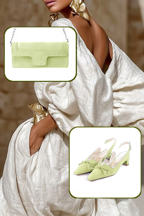 Dress slingback bow heels in meadow green leather with kitten heels and tapered toe - Top view